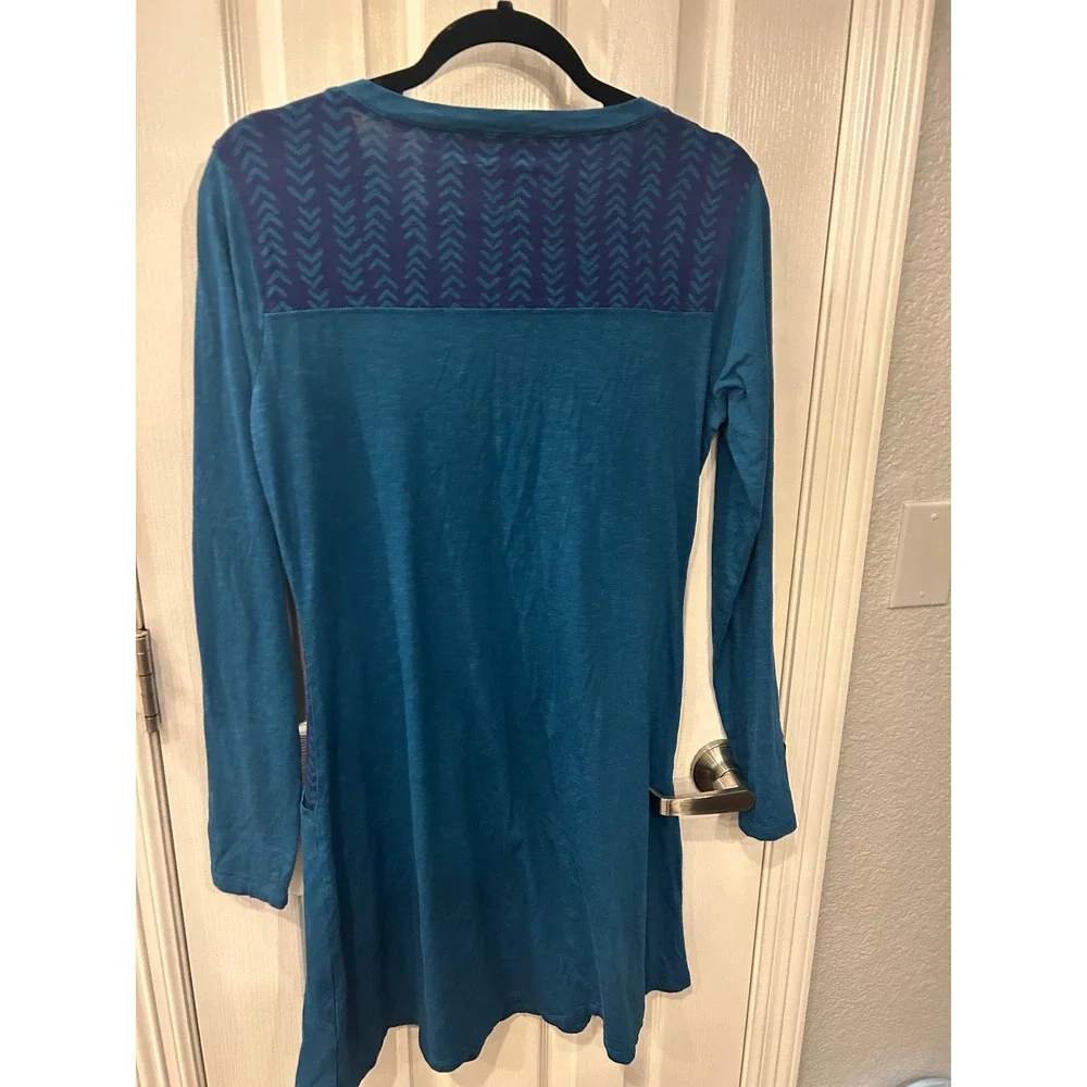 Horny‎ Toad Henley Tunic Dress Teal Blue Long Sleeve Pocket Chevron Geometric S